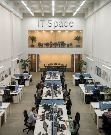 Modern IT workspace in an urban setting, featuring sleek furniture and technology, promoting collaboration and innovation.