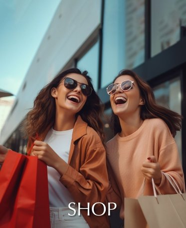 Two women smiling while holding shopping bags outside retail shops in Greater Noida.