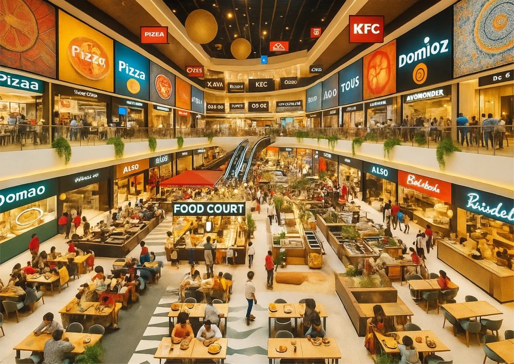 Spacious food court in Greater Noida with popular restaurant outlets, dining area, and modern retail shops.