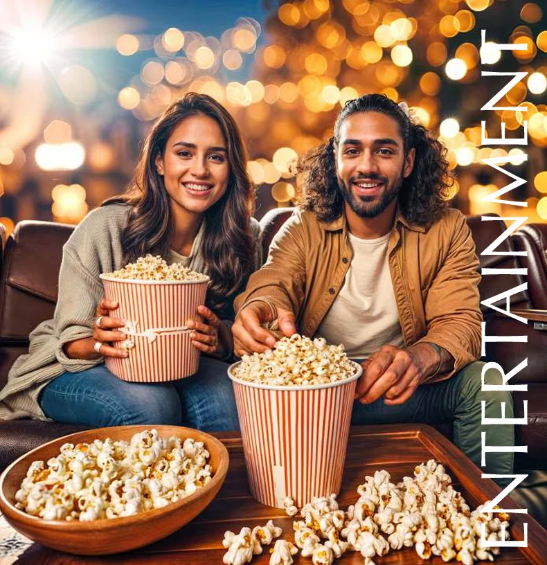 A bowl of popcorn sits beside a movie screen in an entertainment zone in Greater Noida, perfect for a cozy movie night.