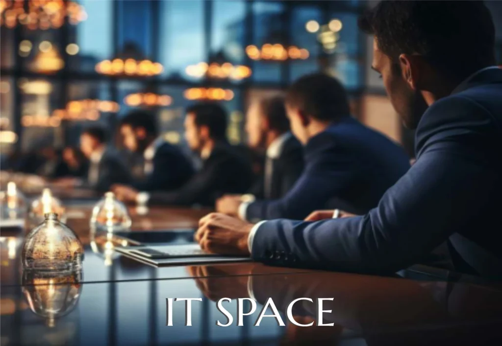 Modern IT workspace in an urban setting, featuring sleek furniture and technology, promoting collaboration and innovation.